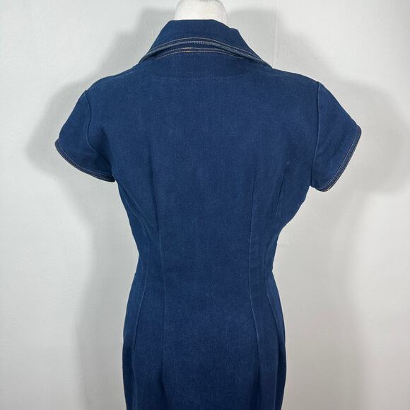 VTG Vesti Denim Shirt Dress Blue Button Front Midi Short Sleeve Utility Retro L - Picture 8 of 13